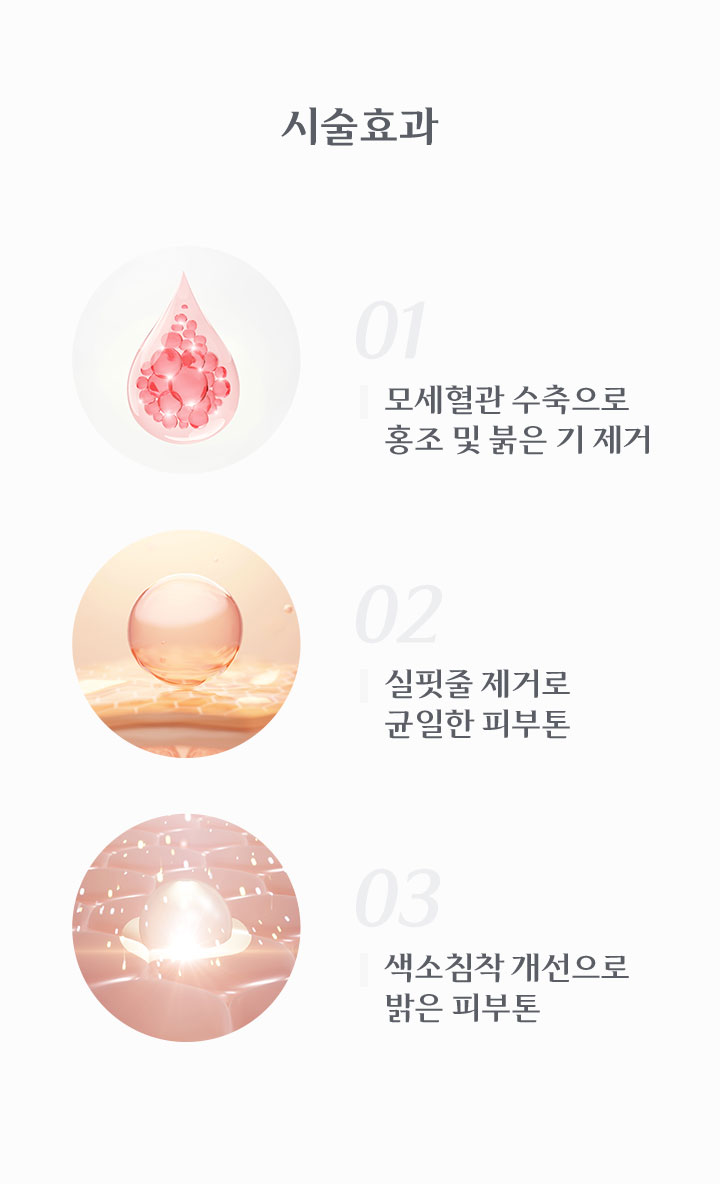 모세혈관 수축으로 홍조 및 붉은기 제거, 실핏줄로 제거로 균일한 피부톤